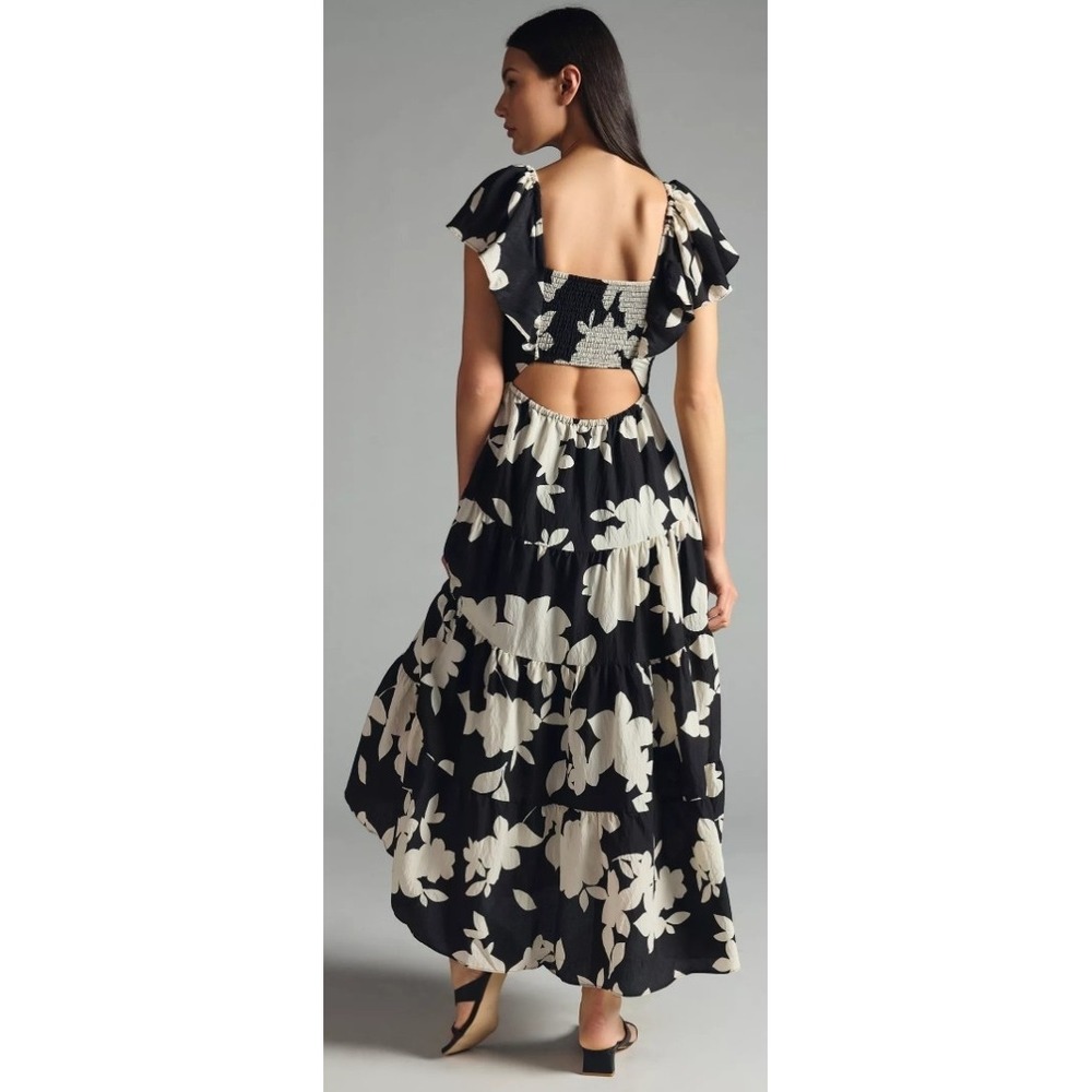 Anthropologie Black and Cream Floral Asymmetrical Maxi Dress - Picture 2 of 14